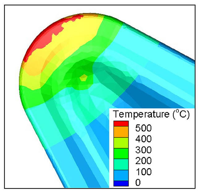 An example of insert cutting edge temperature distribution.